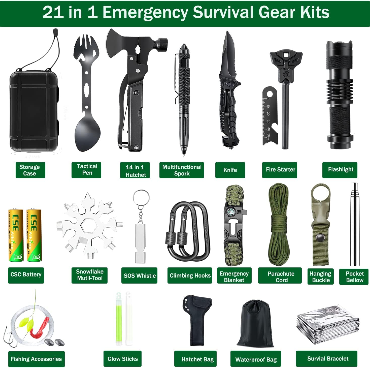 21 in 1 Survival Kit, Outdoor Ausrüstung, Survival Ausrüstung für Camping, Bushcraft, Wandern, Jagd, Abenteuer, für Männer, Väter